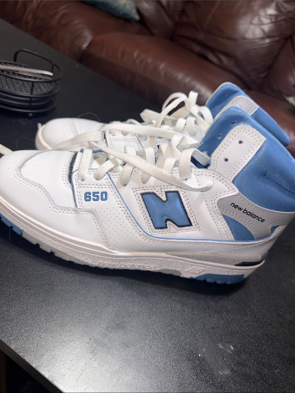 New Balance 650 High-Top Sneakers in White and Light Blue